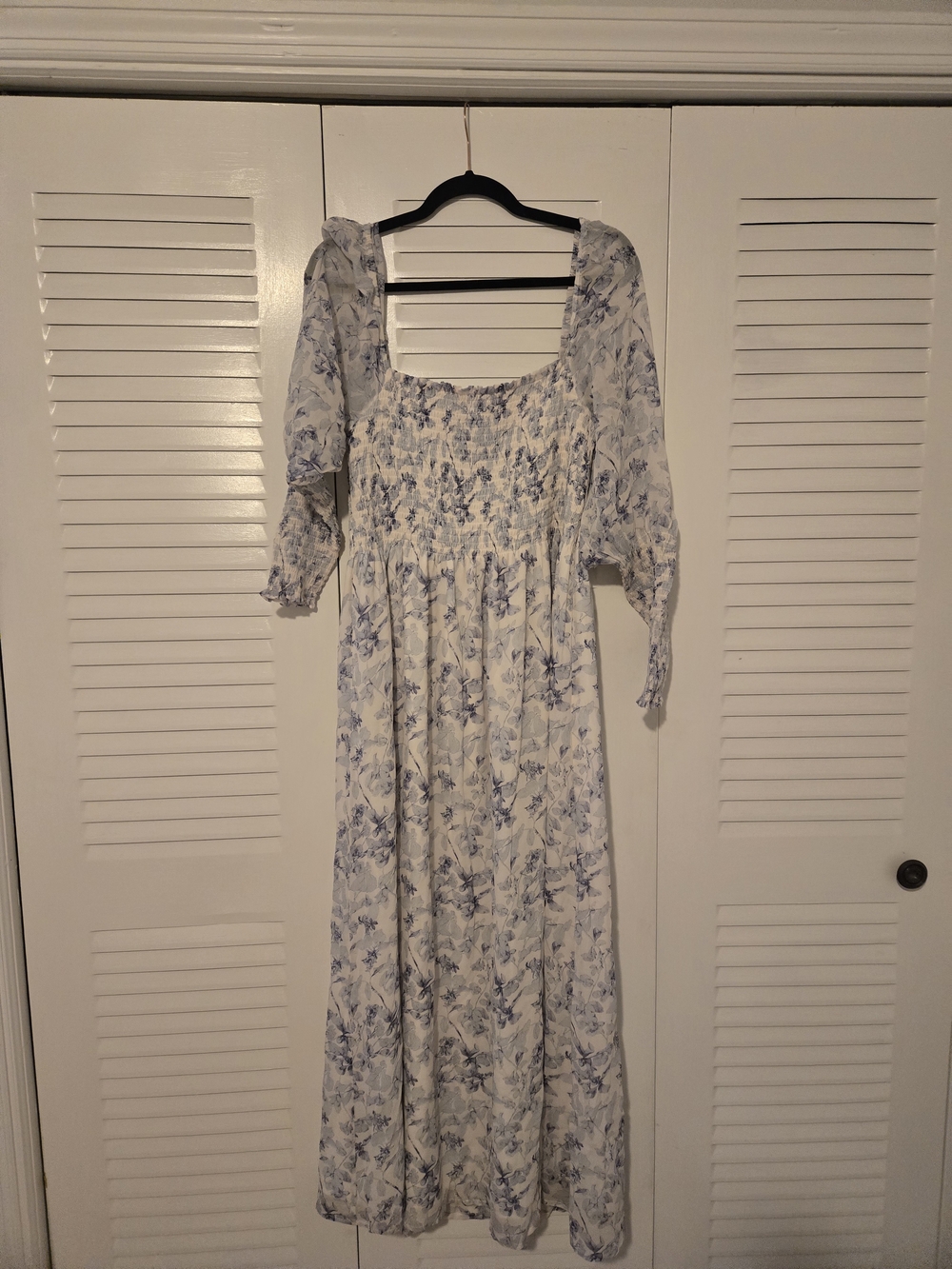 Hill House Floral Smocked Maxi Dress in Light Blue and Cream L